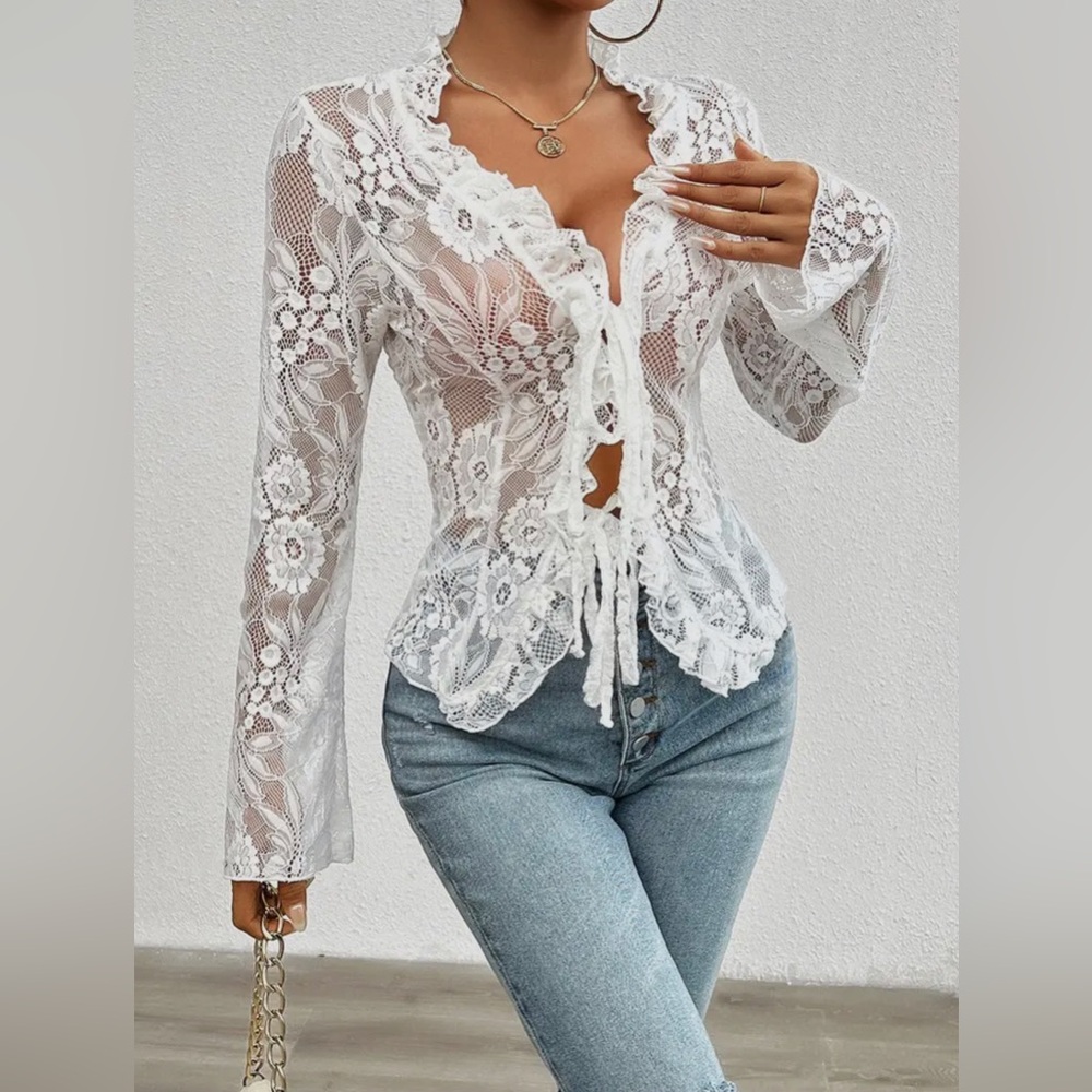 Passion Sexy Low Cut Long Sleeve Lace Solid Color Blouse - Picture 4 of 6